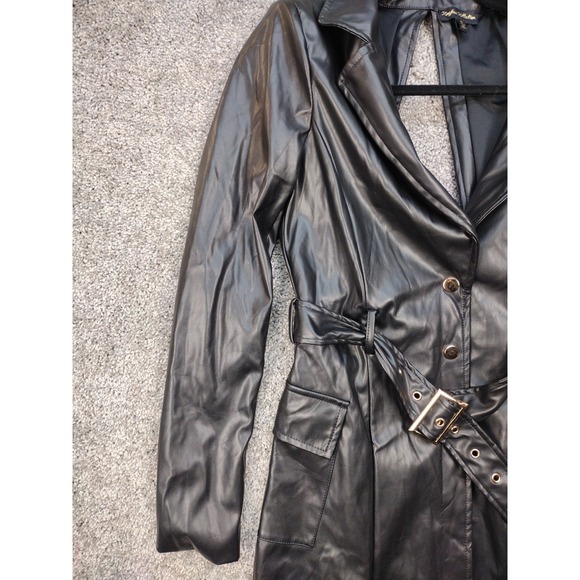 Kaylee Kollection Glossy Key Cut Out Jacket Shiny Black Size Small Belted & Sexy - Picture 4 of 15